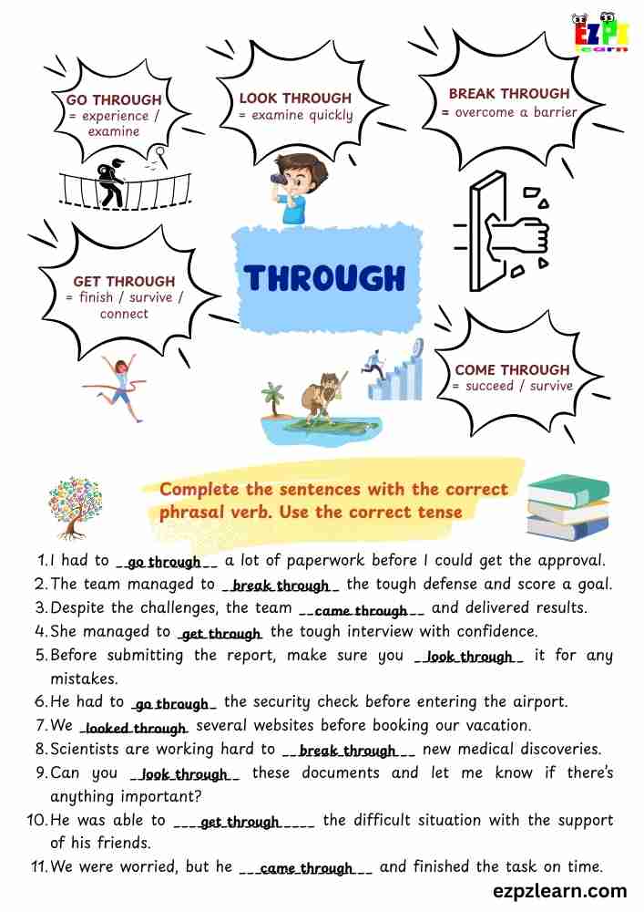 “Through” Phrasal Verbs Worksheet – 11 Sentences | ESL Grammar Practice | Free PDF